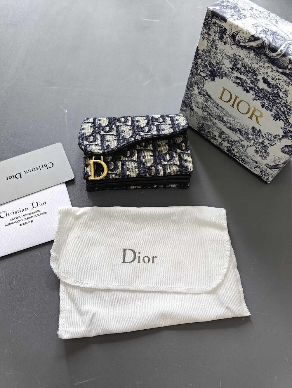 Dior Beige & Black Oblique Canvas Card Holder with Gold 'D' Charm